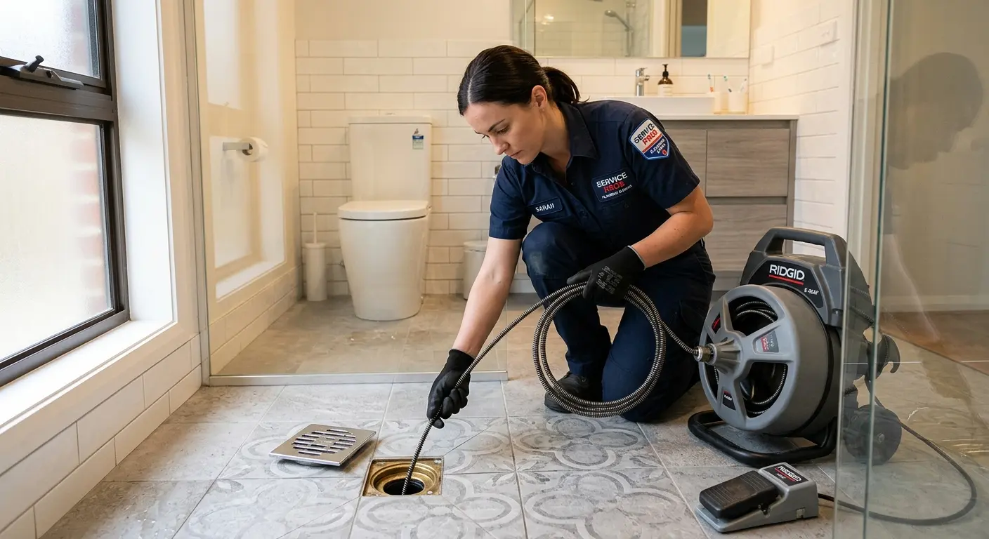 Technician clearing a bathroom floor drain for Drain Cleaning in Orangevale